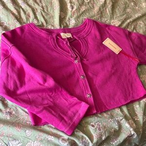 Pink Flower Button-Up Cardigan Cropped Top XL